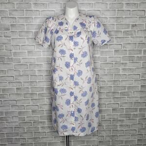 Vintage White & Blue Floral Print House Dress by Smart Time, size Large